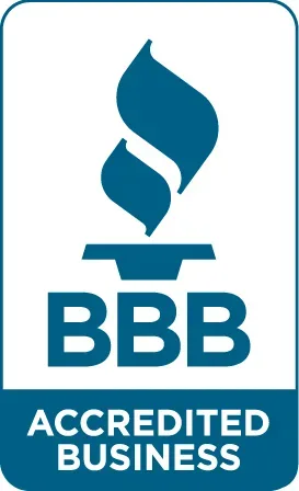 Blue and white "bbb accredited business" logo featuring a stylized torch above the text.